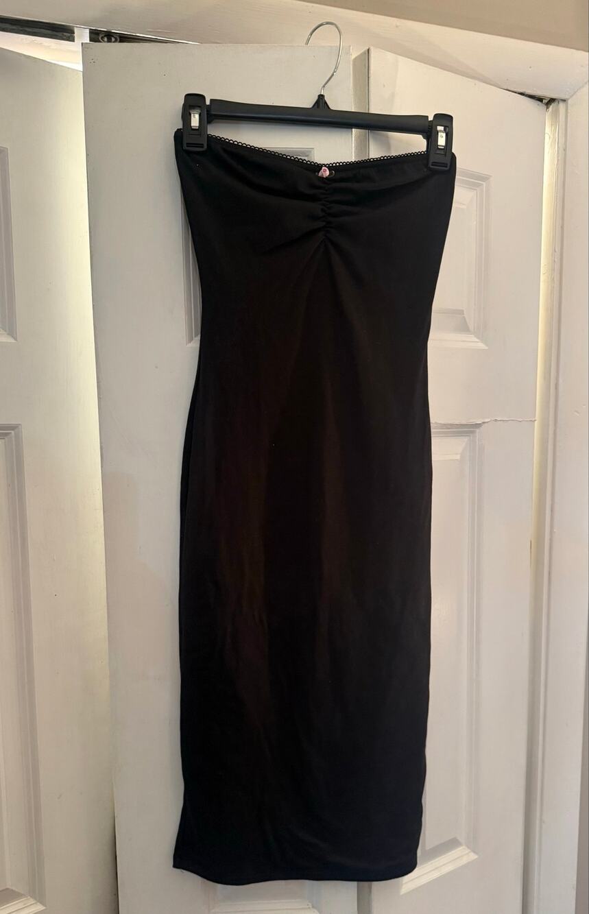Faded Rose Black Strapless Ruched Dress with Pink Rosette Accent Coquette Size S